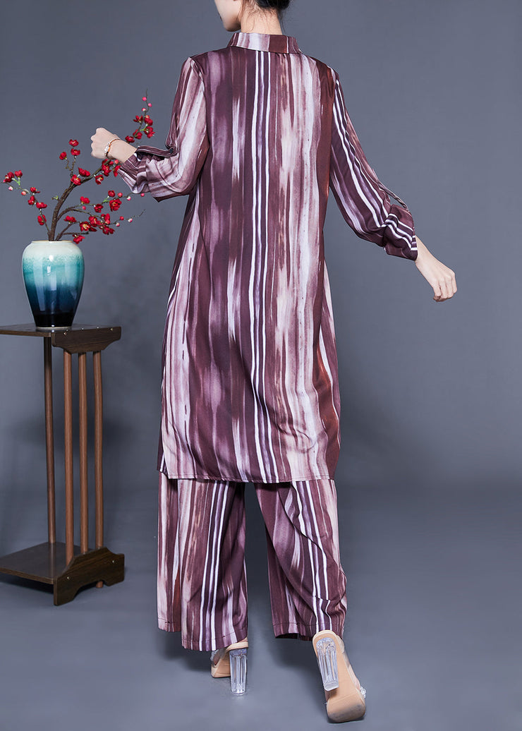 Plus Size Brown Peter Pan Collar Tie Dye Silk Long Shirt And Straight Pants Two Pieces Set Spring