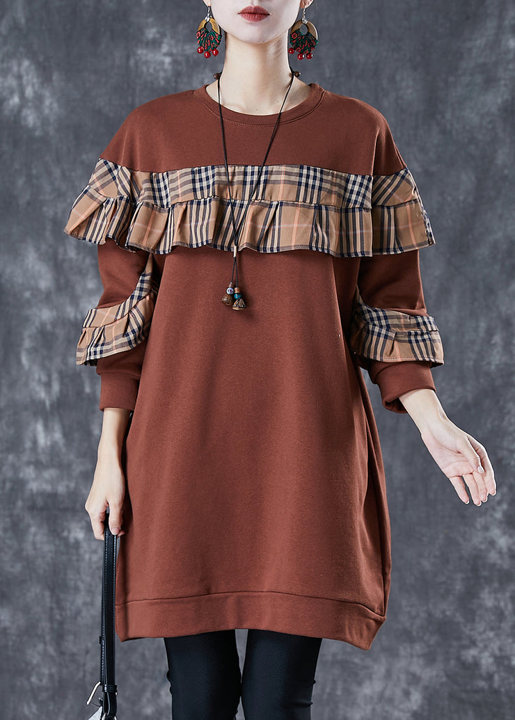 Plus Size Brown Ruffled Patchwork Cotton Sweatshirts Dress Fall