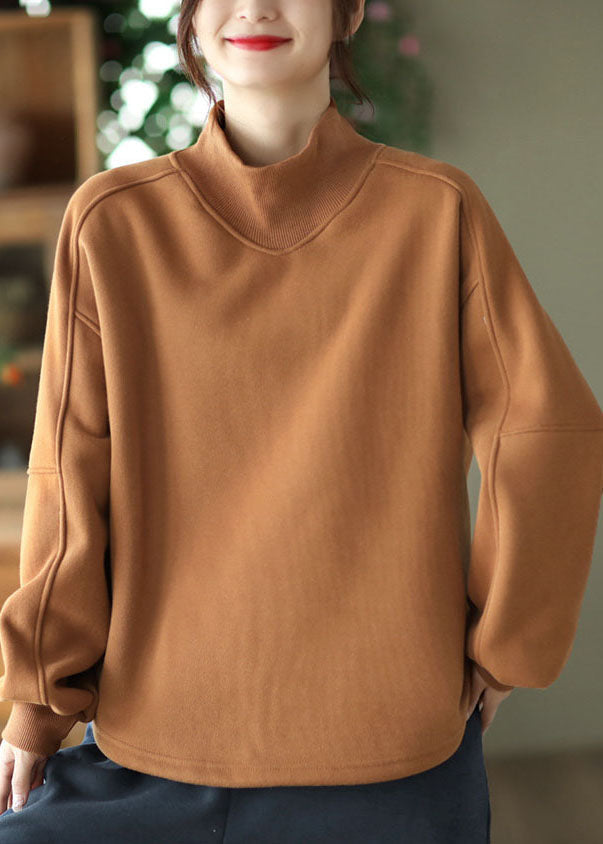 Plus Size Brown Stand Collar Oversized Warm Fleece Sweatshirt Streetwear Winter