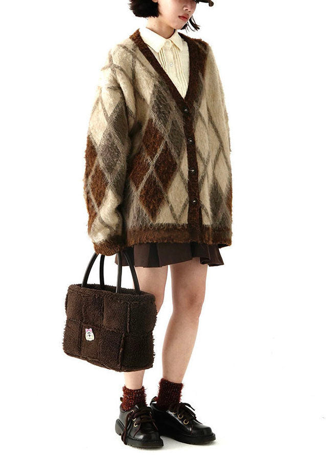 Plus Size Brown V Neck Plaid Warm Fleece Knit Cardigans Winter