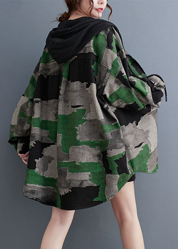 Plus Size Camouflage Print Wrinkled Hooded Coats Long Sleeve