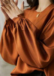 Plus Size Caramel O-Neck Oversized Draping Fine Silk Top Spring