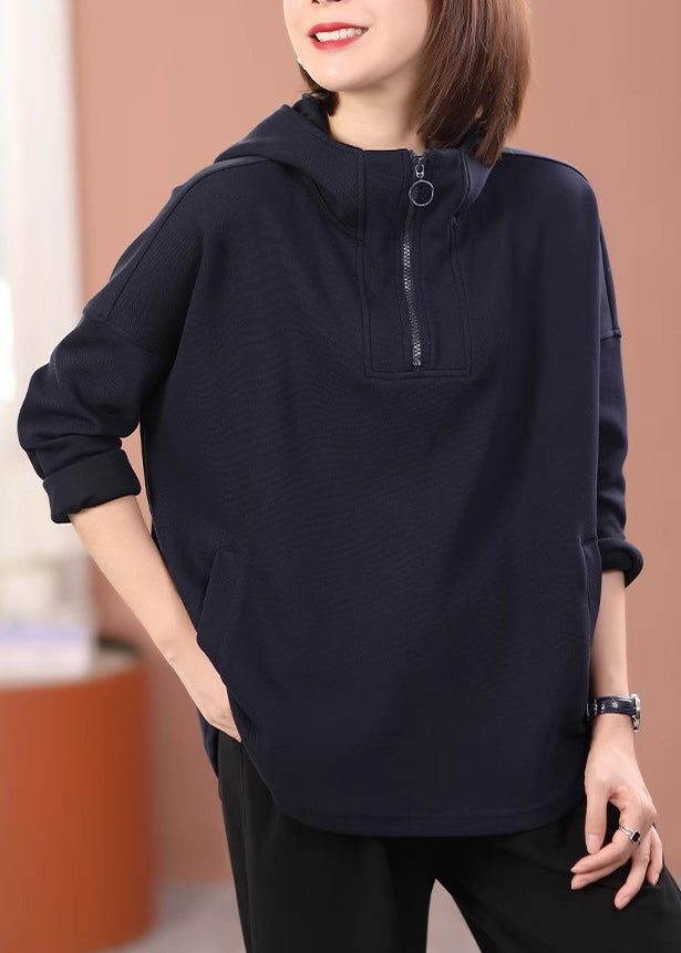 Plus Size Casual Black Hooded Cotton Pullover Sweatshirt Fall