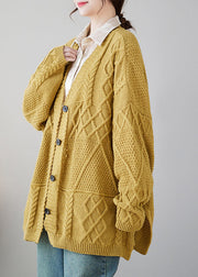 Plus Size Casual Yellow V Neck Button Knit Cardigans Coat Fall