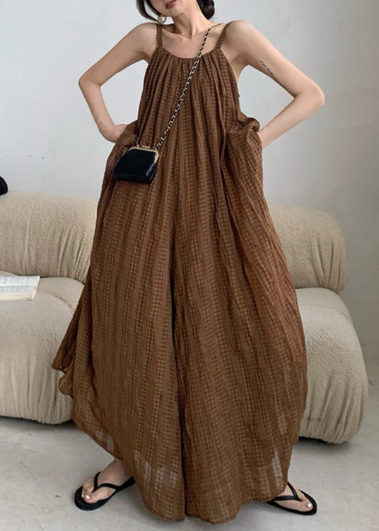 Plus Size Coffee Backless Wrinkled Patchwork Cotton Jumpsuits Sleeveless