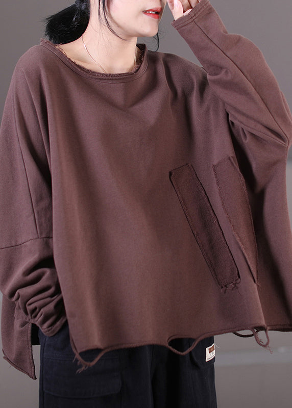 Plus Size Chocolate O-Neck Side Open Sweatshirt Fall