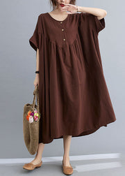 Plus Size Coffee O Neck Wrinkled Patchwork Cotton Long Dresses Short Sleeve