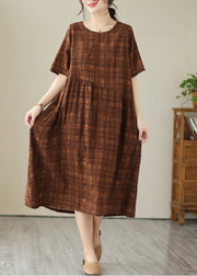 Plus Size Coffee Oversized Plaid Linen Holiday Dress Summer