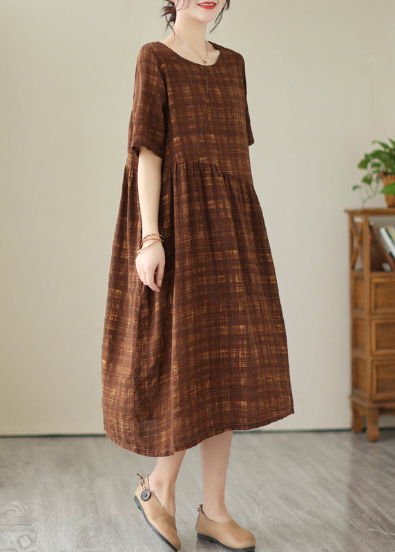 Plus Size Coffee Oversized Plaid Linen Holiday Dress Summer