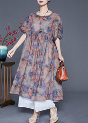 Plus Size Coffee Oversized Print Linen Maxi Dress Summer