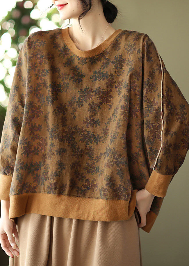 Plus Size Chocolate Patchwork Cotton Sweatshirt Top Batwing Sleeve