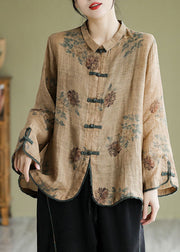 Plus Size Coffee Peter Pan Collar Print Button Shirt Fall