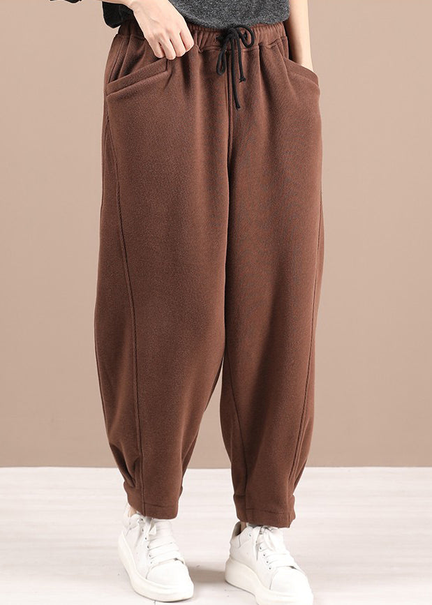 Plus Size Coffee Pockets Elastic Waist Warm Fleece Pants Winter