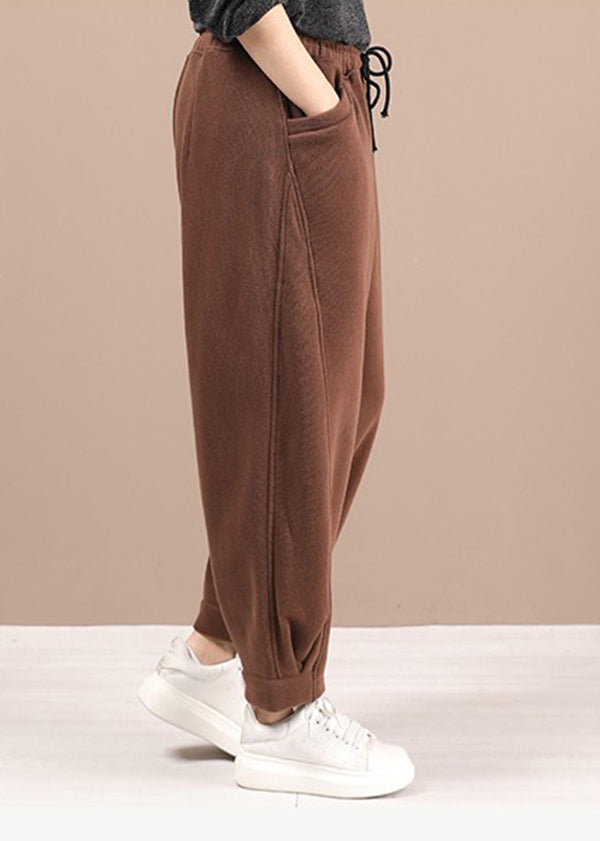 Plus Size Coffee Pockets Elastic Waist Warm Fleece Pants Winter