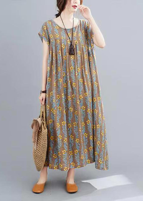 Plus Size Coffee Print Long Dress Short Sleeve