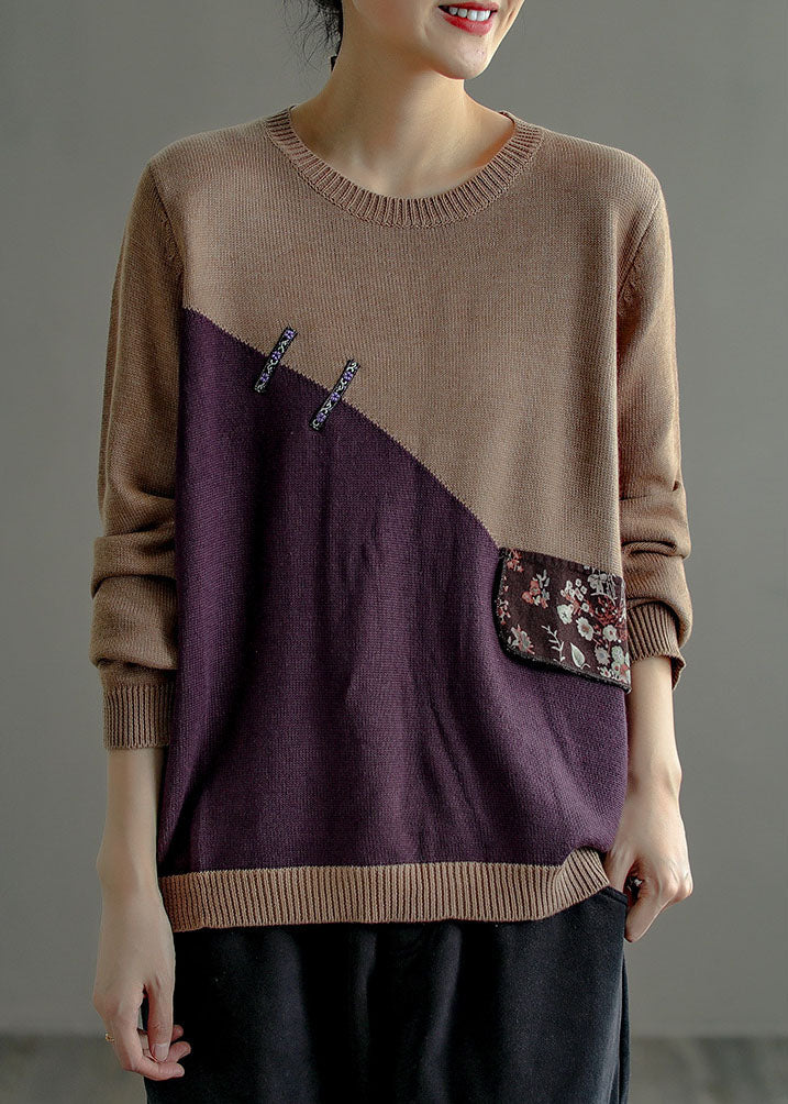 Plus Size Chocolate Purple O-Neck Patchwork Knit Sweater Top Long Sleeve