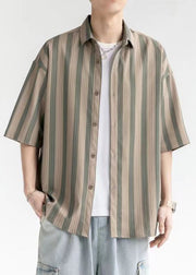 Plus Size Coffee Striped Button Cotton Men Shirt Short Sleeve