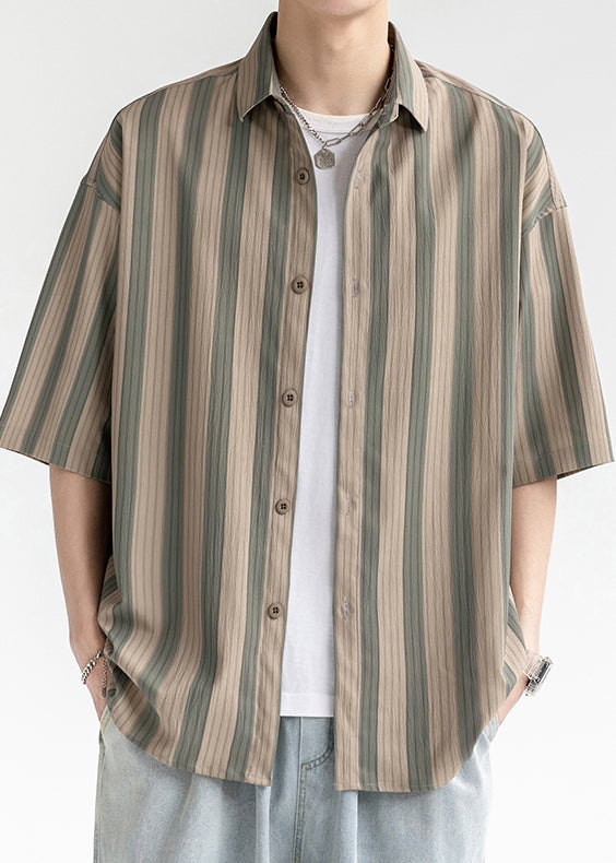 Plus Size Coffee Striped Button Cotton Men Shirt Short Sleeve