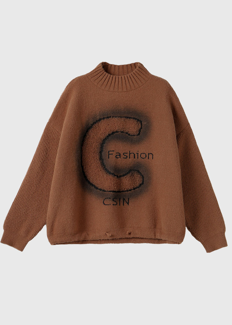 Plus Size Coffee Turtleneck Alphabet Print Thick Cotton Knit Sweaters Long Sleeve