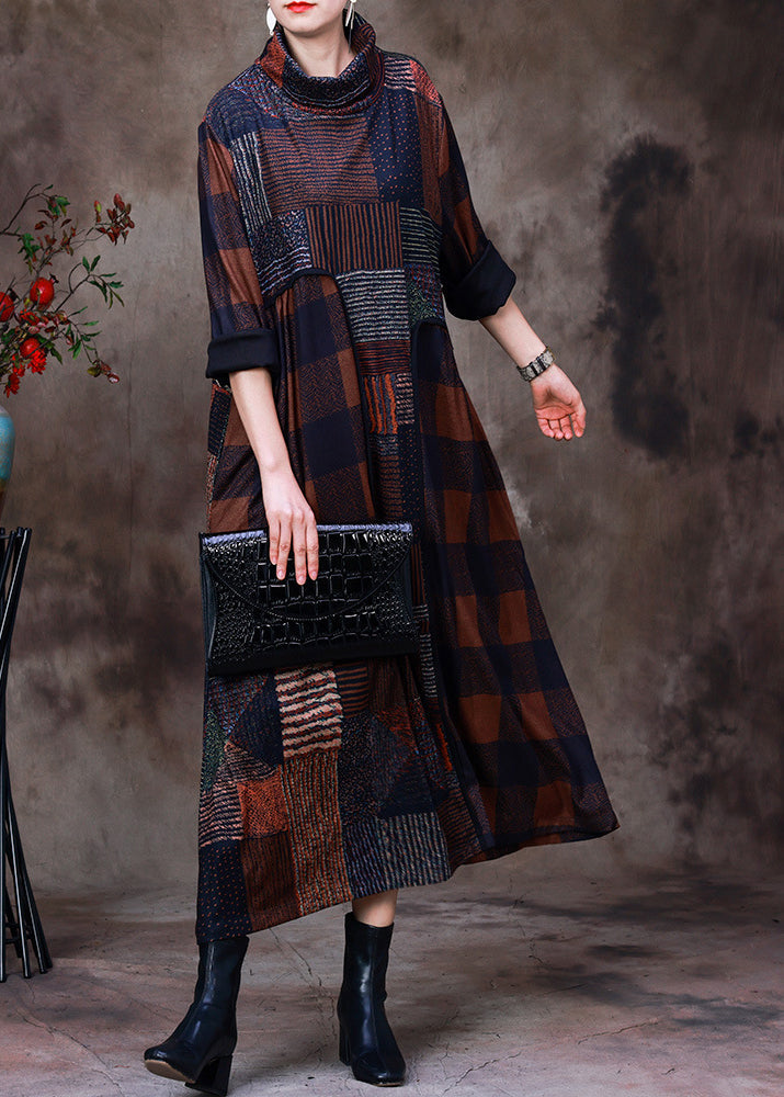 Plus Size Chocolate Turtleneck Plaid Patchwork Velour Maxi Dress Long Sleeve