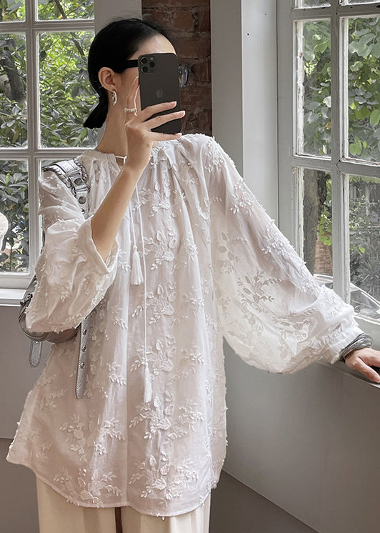 Plus Size Cozy White Embroideried Cotton Shirt Tops Fall