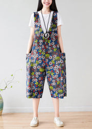 Plus Size Dark Grey V Neck Print Pockets Cotton Overalls Jumpsuit Summer