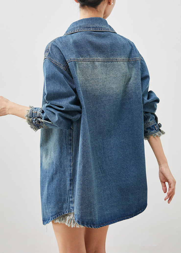 Plus Size Denim Blue Chinese Button Cotton Coat Outwear Spring