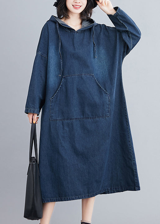 Plus Size Denim Blue Hooded Pockets Denim Long Dress Fall