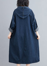 Plus Size Denim Blue Hooded Pockets Denim Long Dress Fall