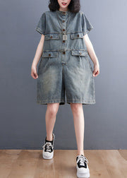 Plus Size Denim Blue O-Neck Patchwork Button Jumpsuits Short Sleeve