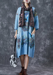 Plus Size Denim Blue Oversized Print Cotton Robe Dresses Fall