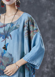 Plus Size Denim Blue Oversized Print Cotton Robe Dresses Fall