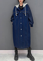 Plus Size Denim Blue Patchwork Button Hooded Coat Fall