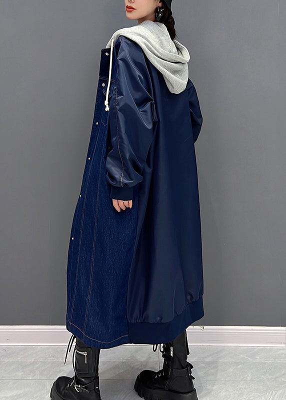 Plus Size Denim Blue Patchwork Button Hooded Coat Fall