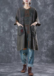 Plus Size Embroideried Chinese Button Pockets Linen Trench Summer