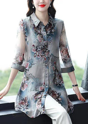 Plus Size Floral Peter Pan Collar Patchwork Chiffon Shirts Summer