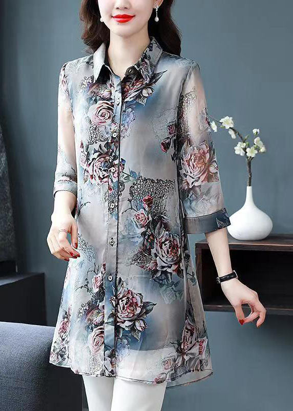 Plus Size Floral Peter Pan Collar Patchwork Chiffon Shirts Summer