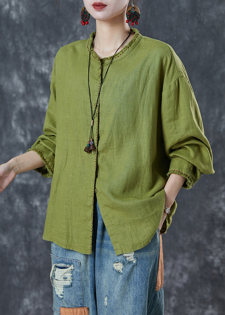 Plus Size Grass Green Embroidered Linen Blouses Spring