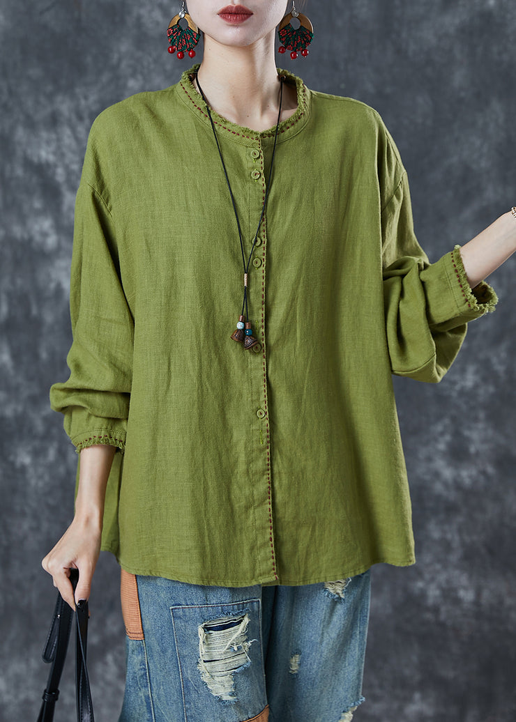 Plus Size Grass Green Embroidered Linen Blouses Spring