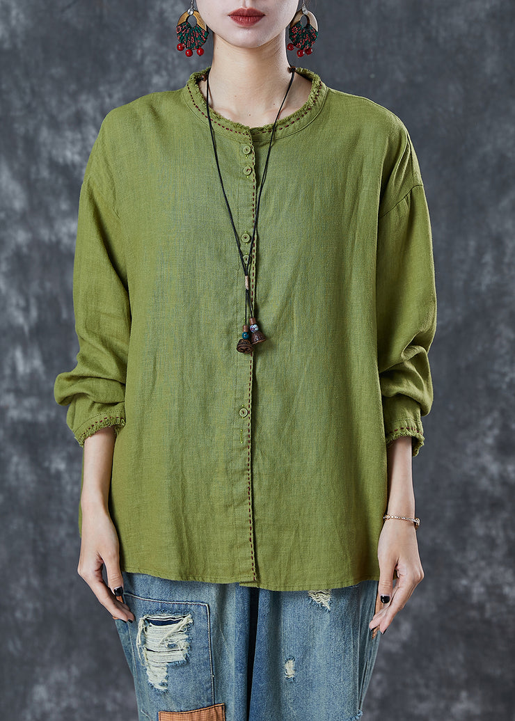 Plus Size Grass Green Embroidered Linen Blouses Spring