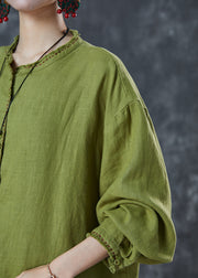 Plus Size Grass Green Embroidered Linen Blouses Spring