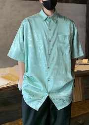 Plus Size Green Button Print Ice Silk Men Shirts Short Sleeve