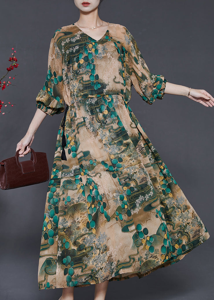 Plus Size Green Cinched Print Chiffon Long Dress Fall