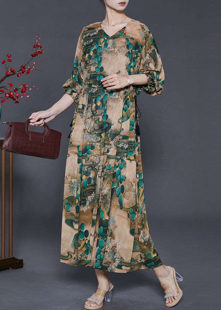 Plus Size Green Cinched Print Chiffon Long Dress Fall