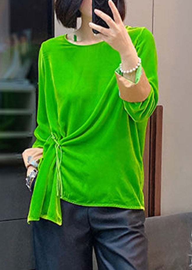 Plus Size Green O-Neck Cinched Velour tops long sleeve