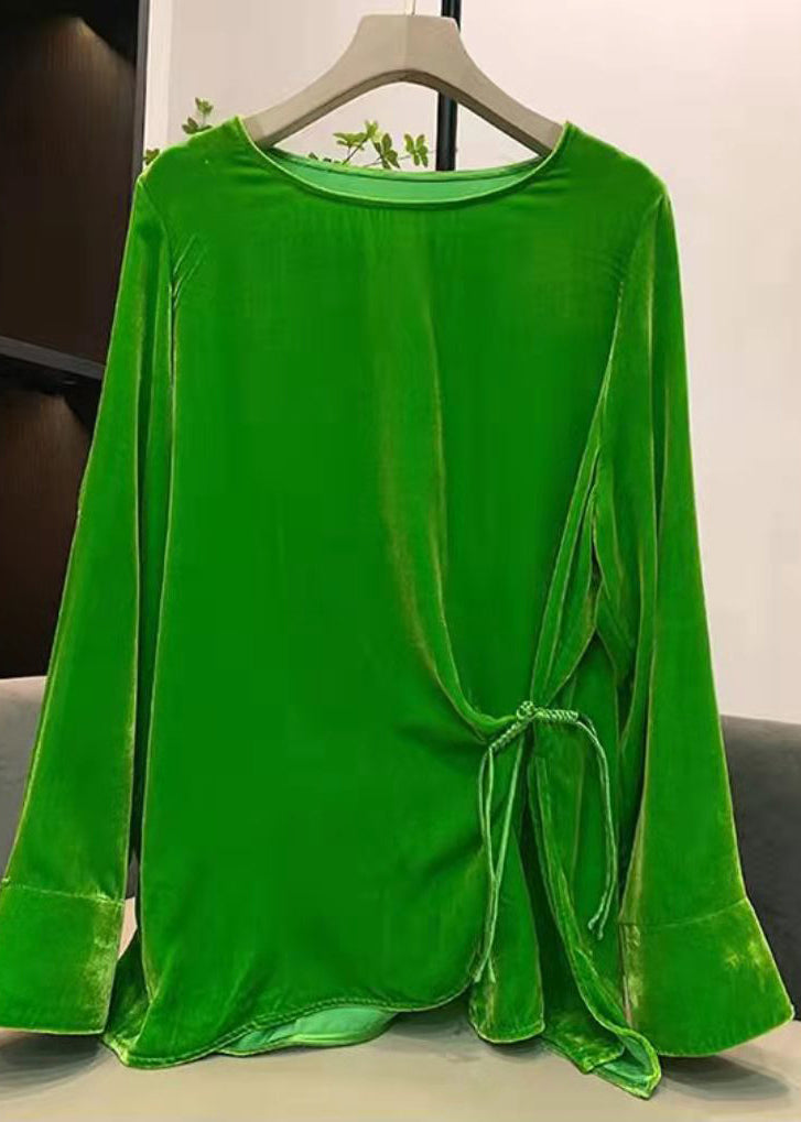 Plus Size Green O-Neck Cinched Velour tops long sleeve