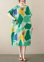 Plus Size Green O-Neck Print Cotton Holiday Dress Summer