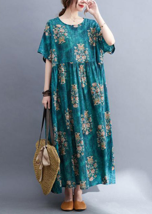 Plus Size Green O Neck Print Cotton Long Dress Summer