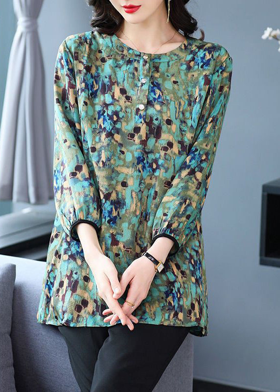 Plus Size Green O Neck Print Patchwork Cotton Top Fall