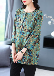 Plus Size Green O Neck Print Patchwork Cotton Top Fall